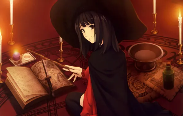 Picture magic, Girl, hat, candles, signs, book, dagger, witch, wand