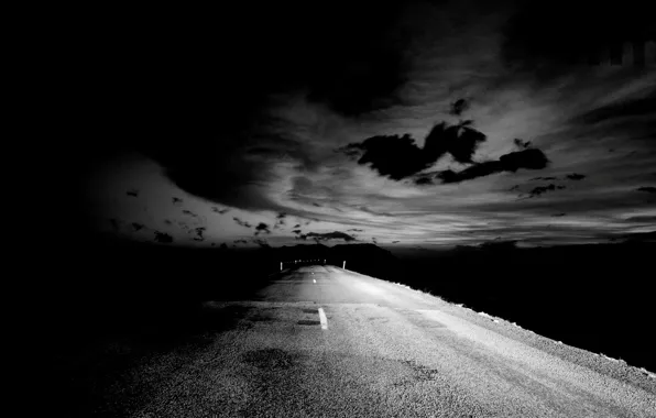 Picture road, the sky, void, night, photo, background, mood, Wallpaper, track, horizon, infinity, black and white
