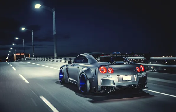 Picture Nissan, GT-R, Car, Speed, Tuning, Road, Wheels, Spoiler, Rear, Liberty Walk, Nigth, LB Perfomance