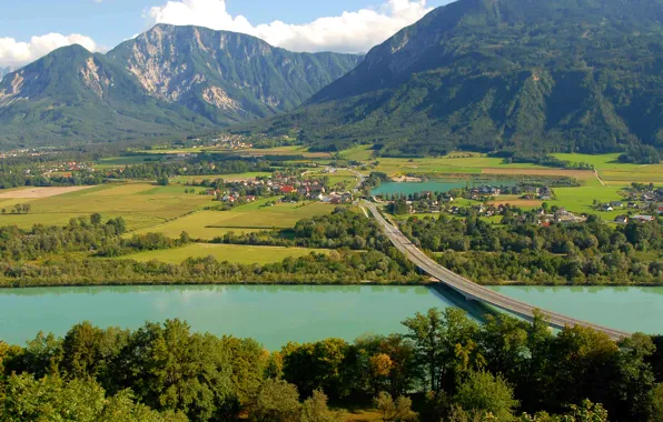 Picture road, trees, mountains, bridge, river, field, Austria, houses, Carinthia, Kottmann village