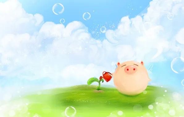 Picture clouds, bubbles, figure, plant, Rostock, wings, positive, meadow, pig, lake, pig, pig