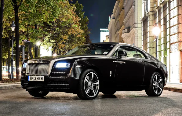 Picture trees, night, street, Rolls-Royce, the front, Rolls-Royce, Wraith, Reys