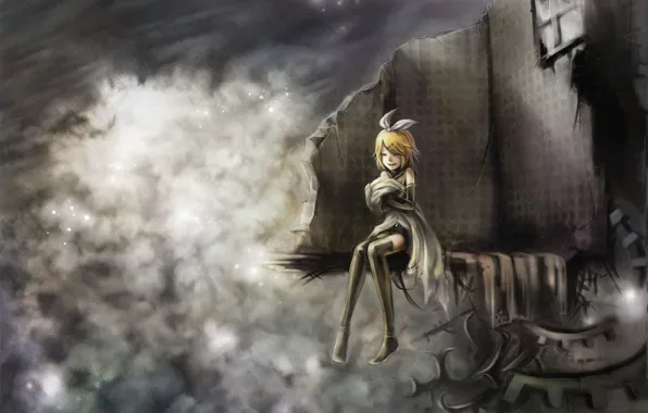 Picture girl, smile, window, gear, ruins, vocaloid, bow, Kagamine Rin, Vocaloid, barrette