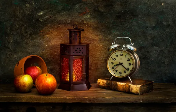 Picture apples, watch, lantern, book, The morning after
