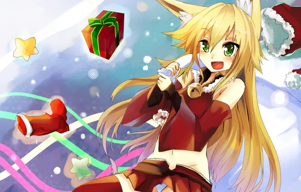 Picture new year, art, Fox, costume, girl, tail, gifts, ears, bag, Fox