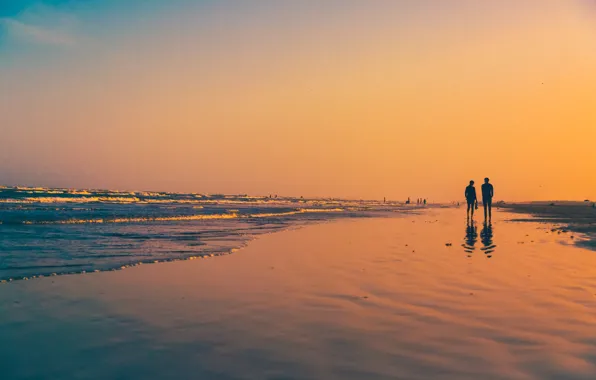 Picture wave, beach, sunset, reflection, people, mirror, pair, walking, orange sky