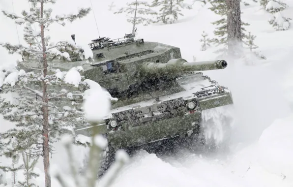Picture winter, snow, Leopard, tank, dereja