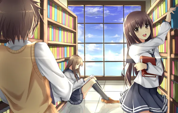 Picture girls, books, anime, art, form, library, guy, students, akabane