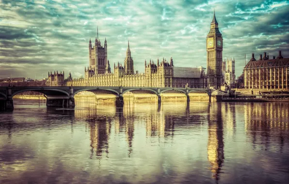 Picture the sky, clouds, reflection, England, London, mirror, Big Ben, The Palace of Westminster, the river …
