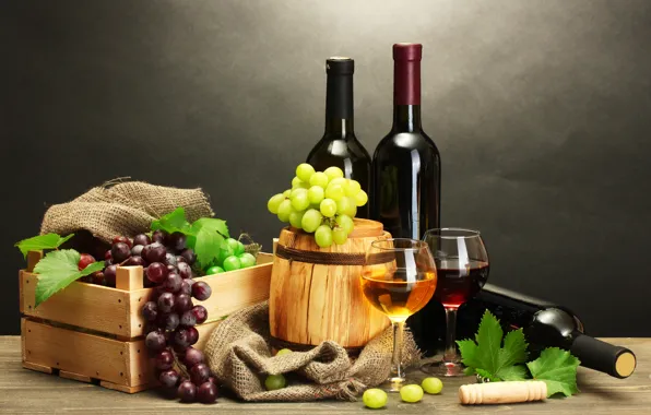 Picture leaves, table, wine, red, white, grapes, bottle, box, corkscrew, barrel