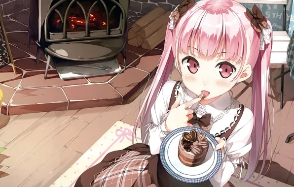 Picture table, chair, girl, wood, fireplace, yummy, bow, menu, cake, pink hair, by kantoku