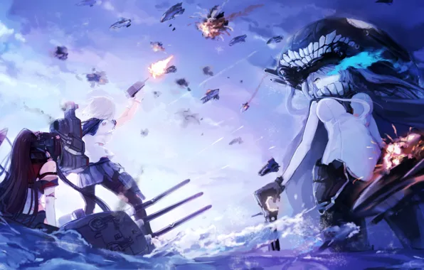 Picture water, weapons, girls, ships, anime, art, the battle, magicxiang, kantai collection, wo-class aircraft carrier, yamato, …