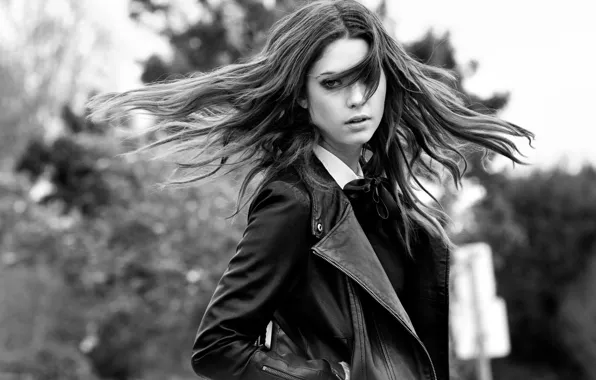 Picture look, pose, hair, Girl, jacket, black and white