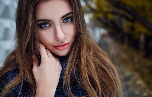 Picture girl, long hair, photo, brown, blue eyes, model, lips, ring, face, hand, portrait, mouth, sweater, …