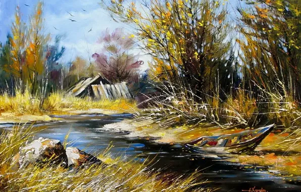 Picture autumn, river, stones, boat, picture, day, painting, farm, Khodukov, spatula, lyrical landscape
