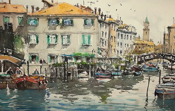 Picture shore, tower, home, picture, boats, watercolor, the urban landscape, Maximilian DAmico