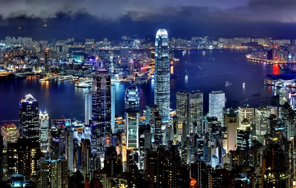 Picture city, lights, widescreen, sea, ocean, night, Hong Kong, buildings, skyscrapers, ships, harbor, cityscape, multi-monitors