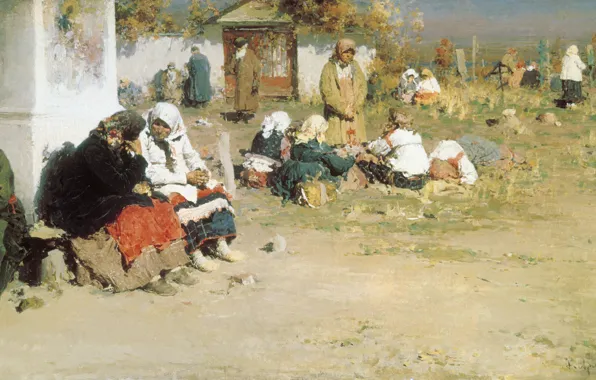 Picture Arkhipov Abram, oil.. 58х114 cm, (1862-1930), Radonitsa (Before mass). 1892. Canvas