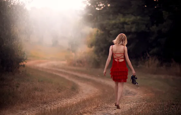 Picture road, field, girl, the way, in red, barefoot
