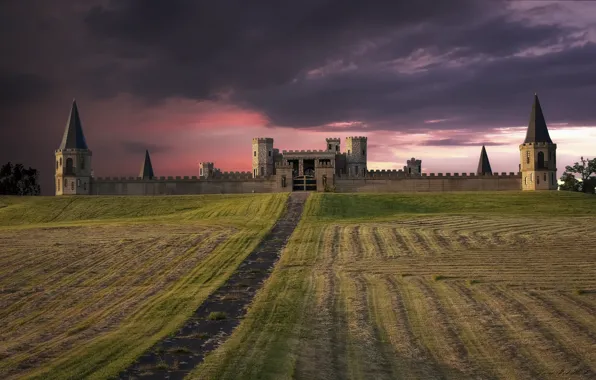 Picture field, the sky, sunset, clouds, castle, pink, the evening, USA, fortress