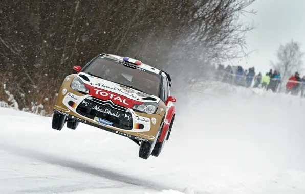Picture Winter, Snow, Citroen, DS3, WRC, Rally, Sebastien Loeb, The front, In The Air, Flies, Daniel …