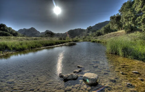 Picture rays, nature, river, stones, USA, California, Malibu, light