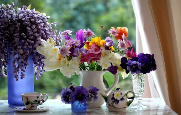 Picture GLASS, WINDOW, GLASS, CUP, CERAMICS, BOUQUETS, PITCHER