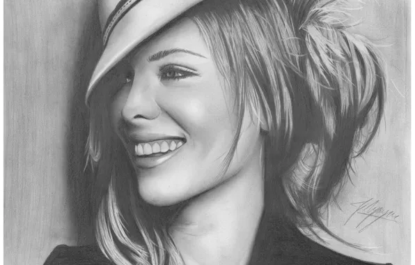 Picture girl, face, smile, figure, portrait, hat, actress, Kate Beckinsale, pencil