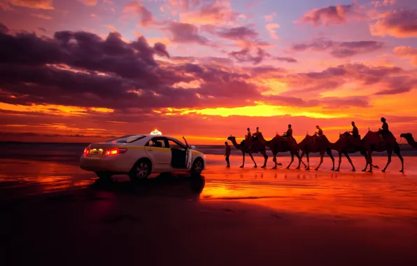 Picture clouds, sunset, desert, taxi, caravan
