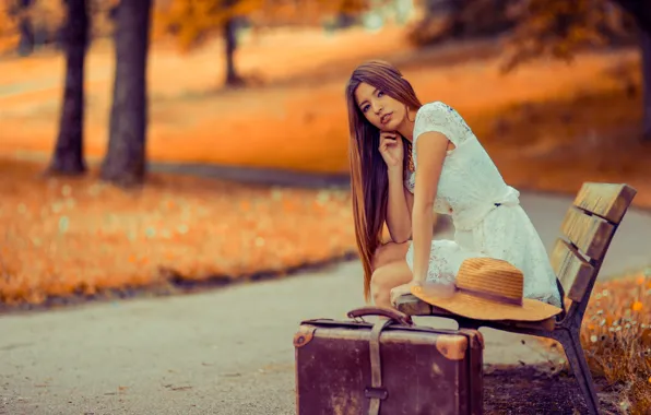 Picture girl, Park, suitcase