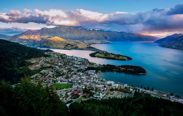 Picture mountains, the city, Bay, New Zealand, panorama, New Zealand, Queenstown, Queenstown, lake Wakatipu