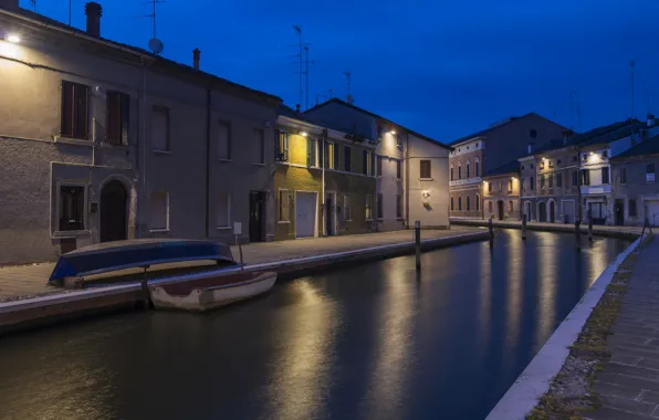 Picture night, lights, boat, home, Italy, channel, Emilia-Romagna, Comacchio