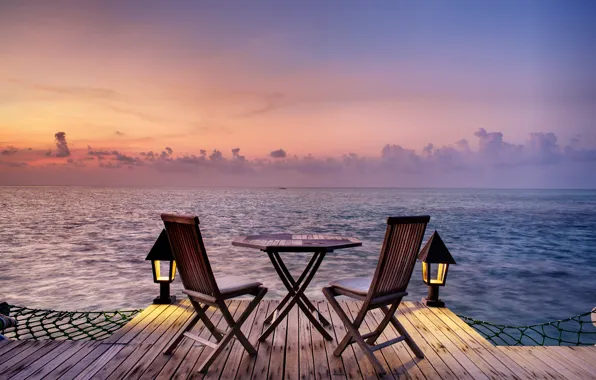 Picture the ocean, romance, view, chairs, the evening, table