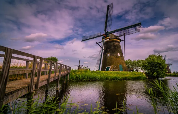 Picture bridge, river, channel, Netherlands, windmill, Kinderdijk, Kinderdijk