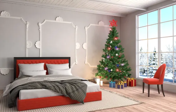 Picture Chair, New Year, Bed, Tree, Interior, Holidays