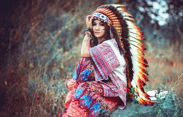 Picture look, girl, nature, face, feathers, sitting, headdress