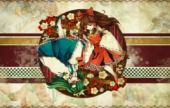 Picture flowers, round, green hair, Kochi Have Done The Art, Hakurei Reimu, Touhou Project, chess square, …
