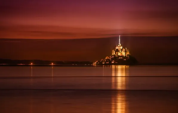 Picture sea, the sky, night, lights, castle, France, Normandy, Mont-Saint-Michel