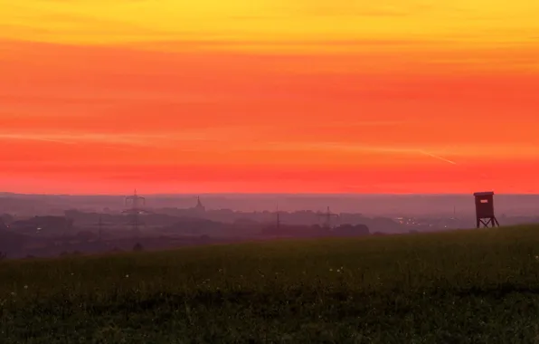 Picture twilight, sunset, dusk, village, countryside, power line, countryside scene