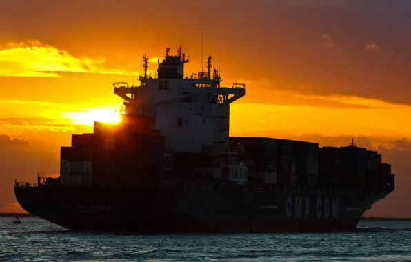 Picture sea, sunset, the ship, a container ship