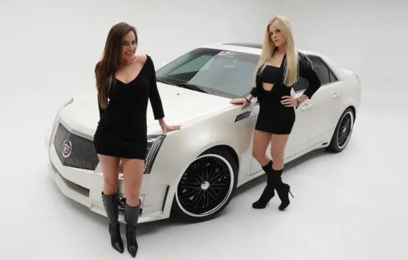 Picture Girls, blonde and brunette, two beautiful girls, cadillac cts 2008, stand near the car, brunette …