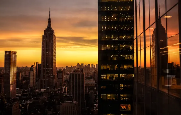 Picture the sun, reflection, sunrise, New York, USA, skyscrapers, Manhattan, lights.morning, Manhattan