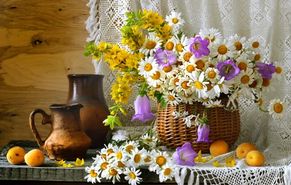 Picture summer, basket, chamomile, dishes, still life, bells, wildflowers, apricots, pitchers, loosestrife