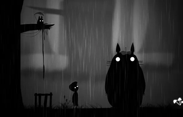 Picture night, rain, art, Totoro, Limbo. boy