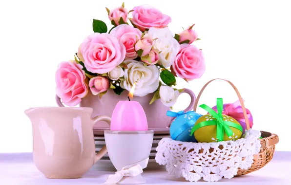 Picture roses, eggs, Easter, pink, flowers, eggs, easter, roses, candle, serving