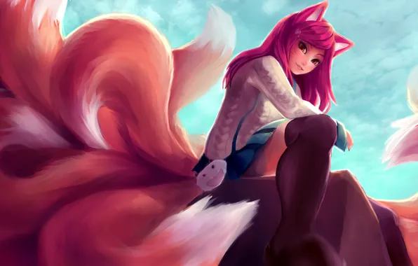 Picture girl, smile, anime, art, ears, league of legends, tails, ahri