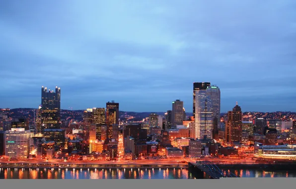 Picture the sky, bridge, the city, lights, building, skyscrapers, the evening, USA, Pittsburgh