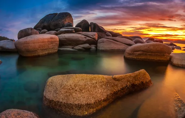 Picture sea, the sky, sunset, mountains, stones, pond, boulders, Wallpaper from lolita777
