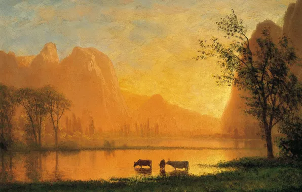 Picture landscape, mountains, lake, picture, Sunset in Yosemite, Albert Bierstadt