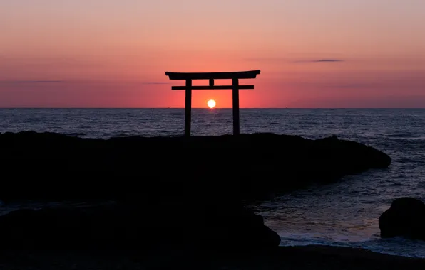Picture the sky, the sun, sunset, the ocean, rocks, coast, the evening, Japan, horizon, arch, orange, …